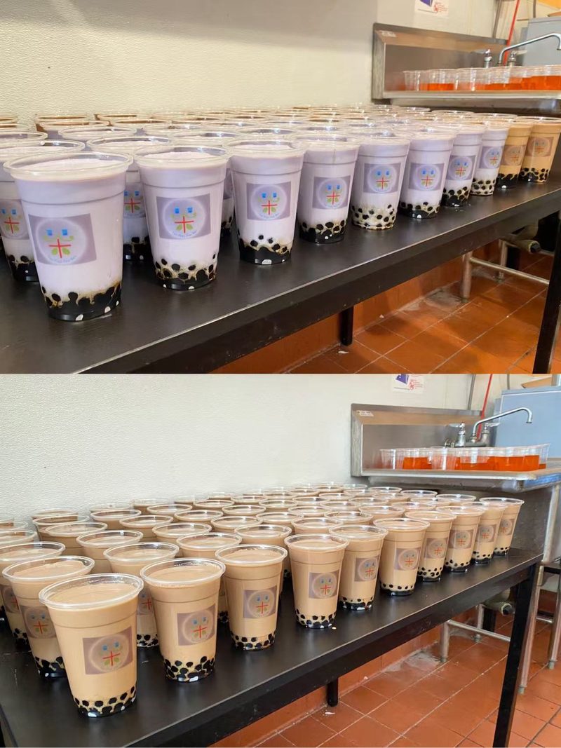 Rows of taro and classic milk teas for a group order